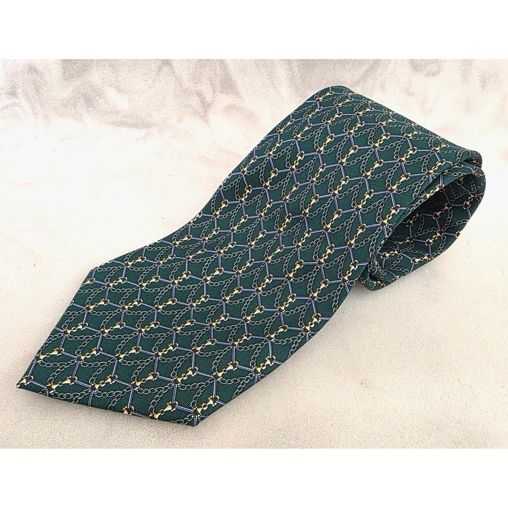 VTG Firenze Made In Italy Green Gold Silver Blue  Chained Pattern Silk Tie 3.75"